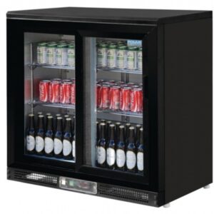 Flessenkoelkast laag met 2 glazen schuifdeuren zwart (LET OP HOGER DAN DRAAIDEUR,NIET ONDER BAR)